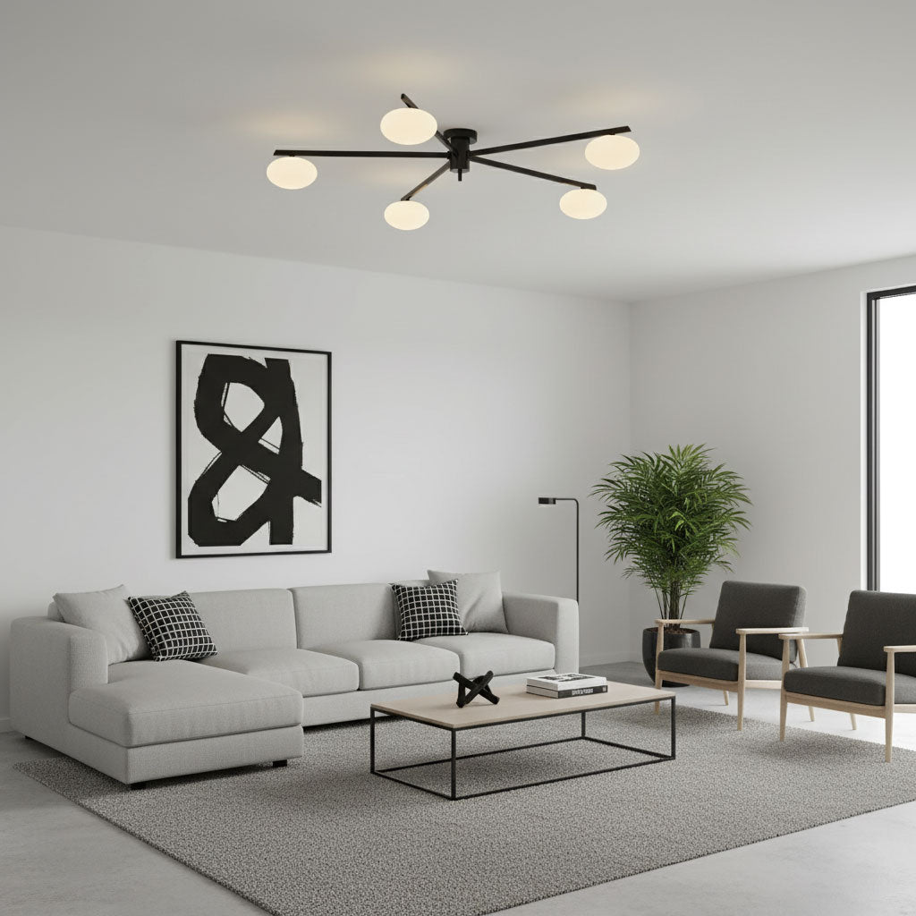 Adjustable Multi-Arm Semi-Flush Mount Light Fixture with Frosted Globes for Dining Room Kitchen Living Room | Black or Brass Frame G9 Socket