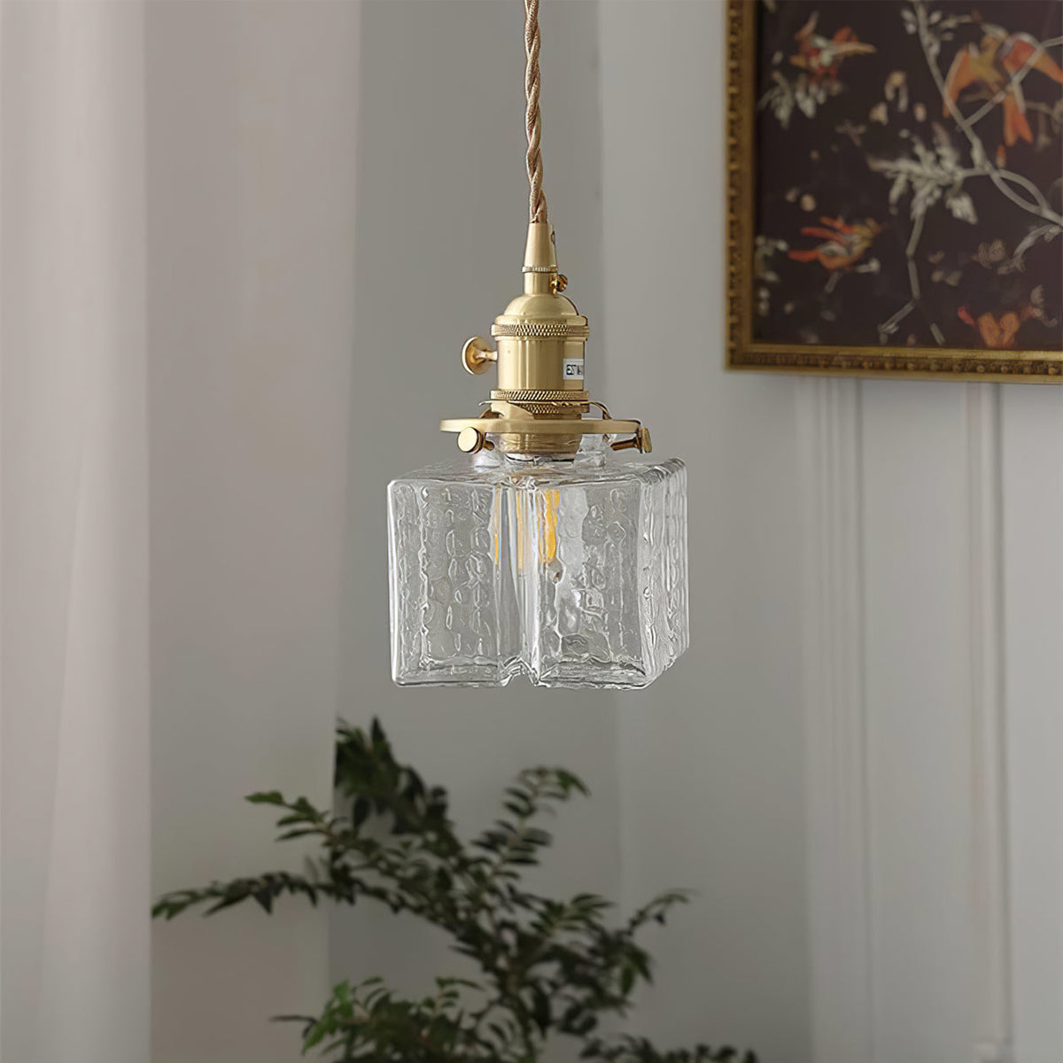 Glass Pendant Light with Brass Accents Adjustable Hanging Fixture for Kitchen Island Dining Room Modern Overhead Lighting E26 Socket