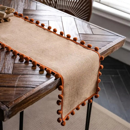 Juno Table Runner - Jute with Orange Pom-Pom Trim, Bohemian Style for Fall Decor