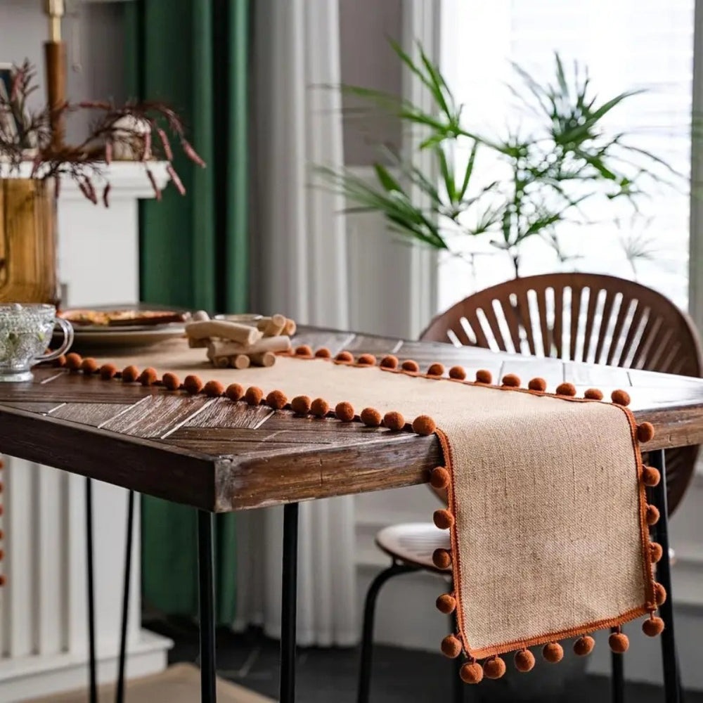 Juno Table Runner - Jute with Orange Pom-Pom Trim, Bohemian Style for Fall Decor