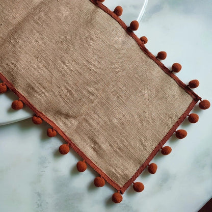 Juno Table Runner - Jute with Orange Pom-Pom Trim, Bohemian Style for Fall Decor