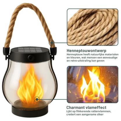Flickering Flame Outdoor Lantern with Solar Panel 10 in Tall Glass LED Garden Light Waterproof Hanging Patio Decoration Dusk Sensor USB Back