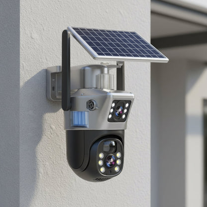 Solar-Powered Surveillance Camera 4K Resolution Dual-Lens System 10x Magnification Wireless Setup for Home Business Yard Monitoring Day Nigh