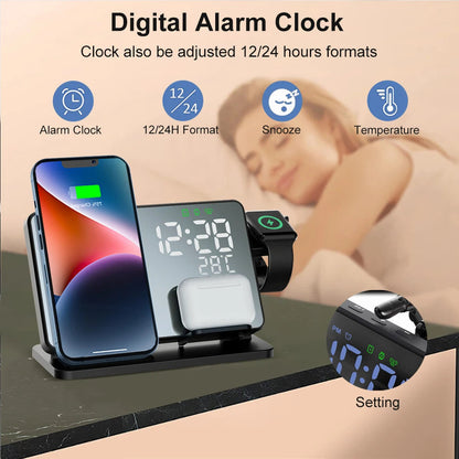 Wireless Charging Station for iPhone, Apple Watch & AirPods with Alarm Clock | 3-in-1 Fast Charging Dock Station | Qi-Certified