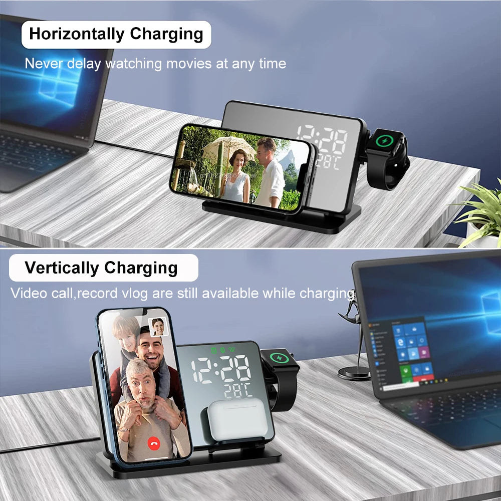 Wireless Charging Station for iPhone, Apple Watch & AirPods with Alarm Clock | 3-in-1 Fast Charging Dock Station | Qi-Certified