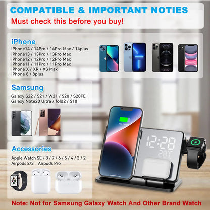 Wireless Charging Station for iPhone, Apple Watch & AirPods with Alarm Clock | 3-in-1 Fast Charging Dock Station | Qi-Certified