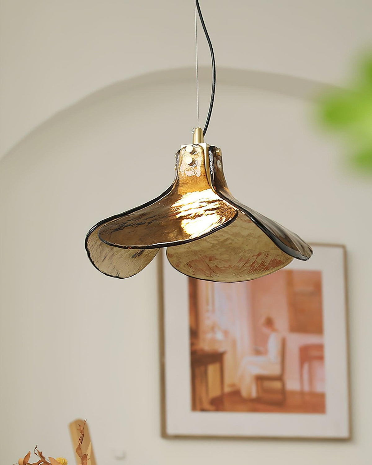 Glass Leaf Ceiling Fixture E27 Bronze Frame Adjustable Drop Cord Ambient Overhead Lighting for Dining Tables Kitchen Counter Modern Home
