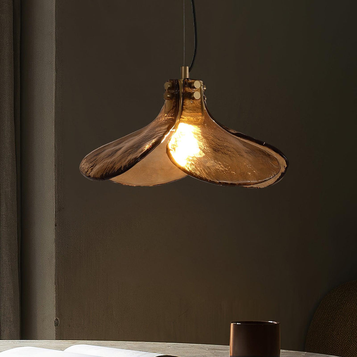 Glass Leaf Ceiling Fixture E27 Bronze Frame Adjustable Drop Cord Ambient Overhead Lighting for Dining Tables Kitchen Counter Modern Home