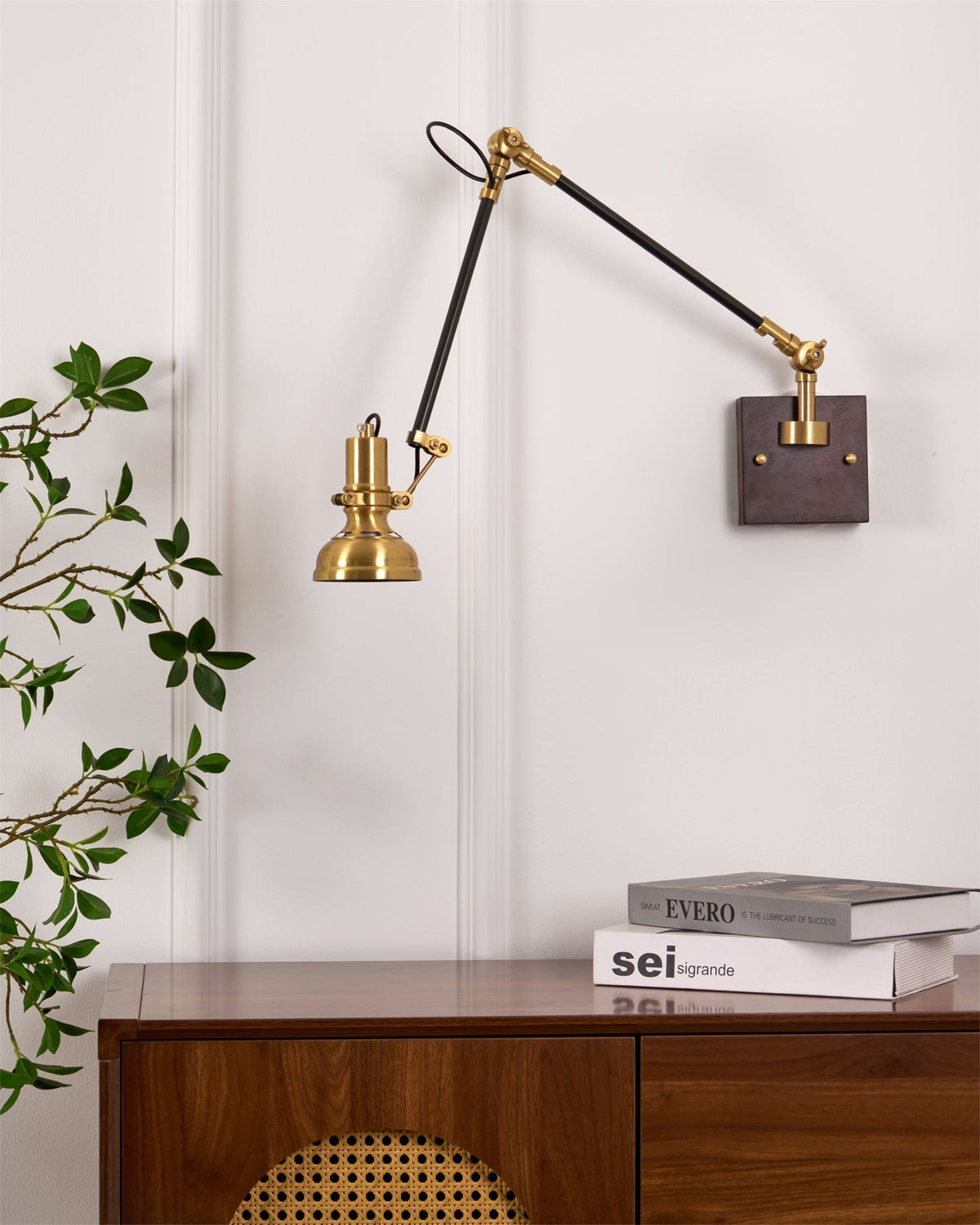 Articulating Wall Sconce Brass & Wood 27 inch Pivoting Arm Task Light for Bedside Reading Office Study Workspace