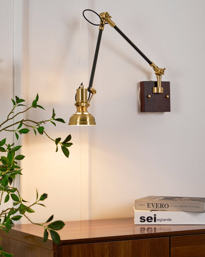 Articulating Wall Sconce Brass & Wood 27 inch Pivoting Arm Task Light for Bedside Reading Office Study Workspace