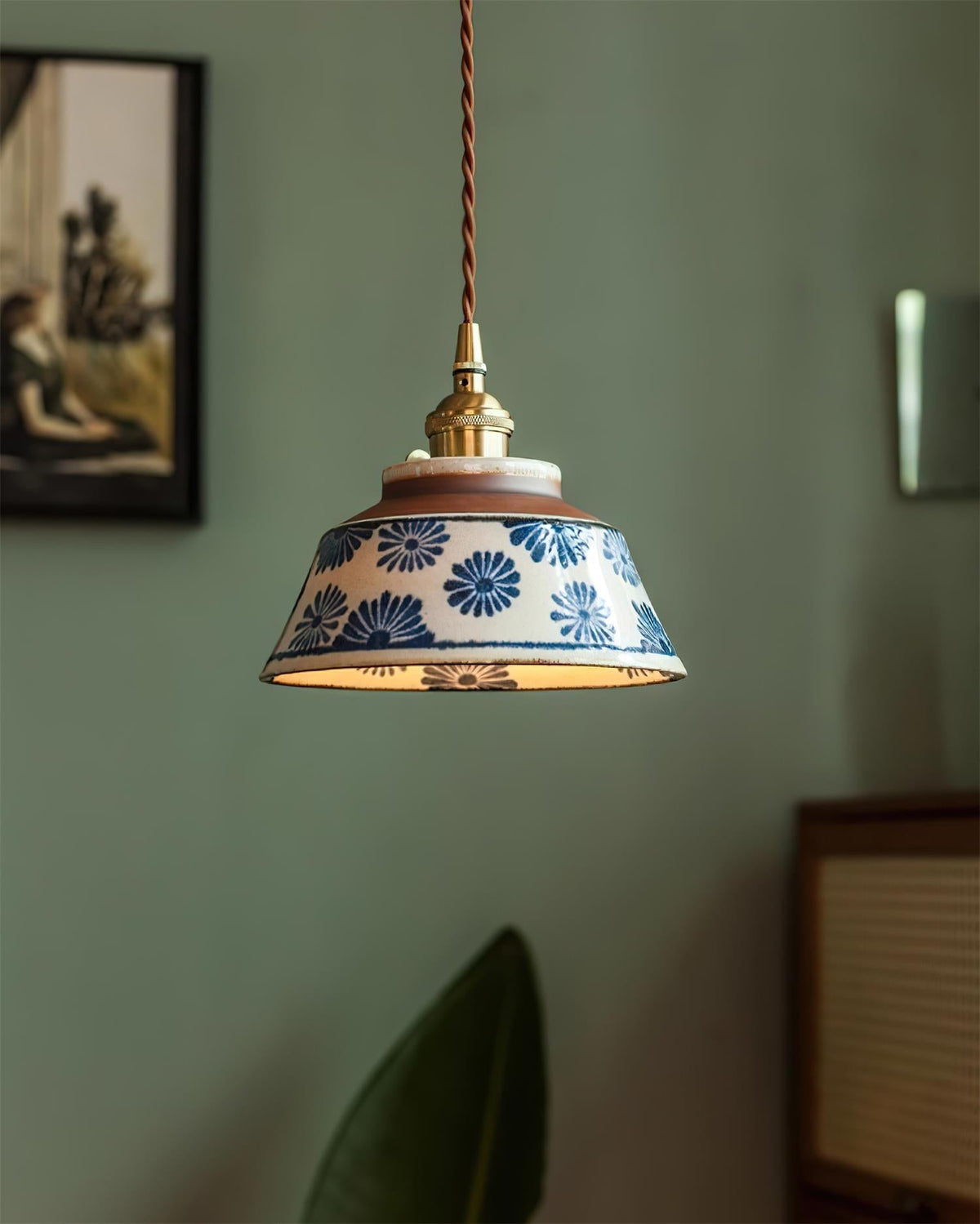 Handcrafted Ceramic Hanging Light with Floral Pattern 7 Inch Adjustable Overhead Fixture for Kitchen Island Dining Table Breakfast Nook Bras