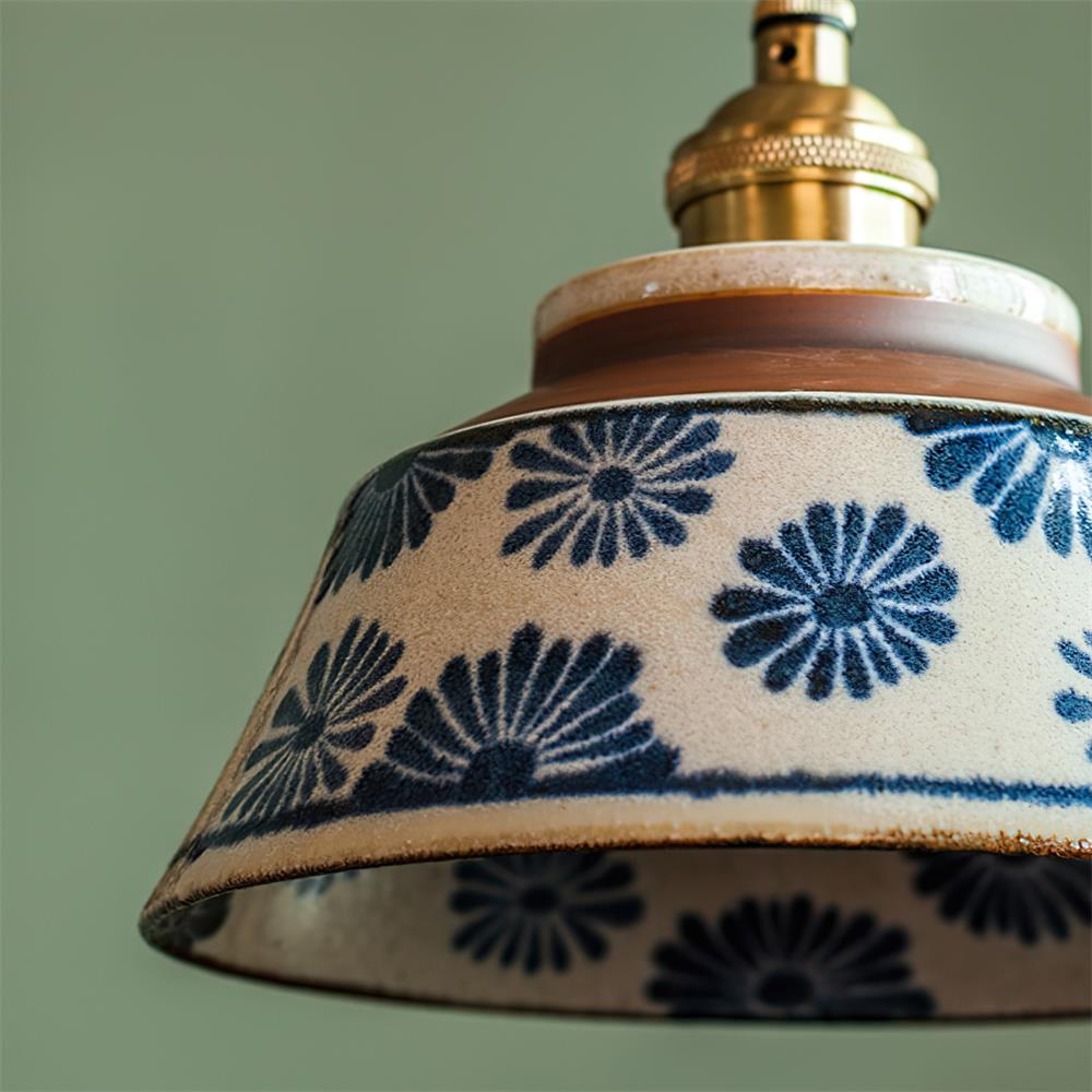 Handcrafted Ceramic Hanging Light with Floral Pattern 7 Inch Adjustable Overhead Fixture for Kitchen Island Dining Table Breakfast Nook Bras