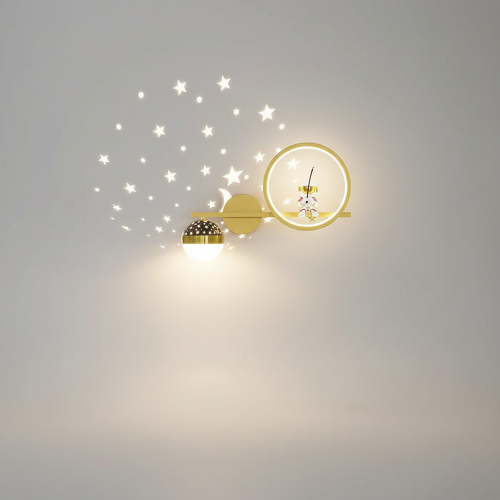 LED Kids Wall Sconce Astronaut Moon Star Night Light Gold White Metal Space Nursery Bedroom Decorative Fixture Boys Girls Reading Corner Pla