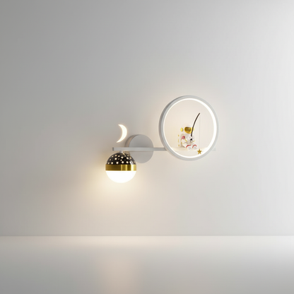 LED Kids Wall Sconce Astronaut Moon Star Night Light Gold White Metal Space Nursery Bedroom Decorative Fixture Boys Girls Reading Corner Pla