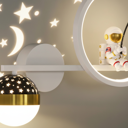 LED Kids Wall Sconce Astronaut Moon Star Night Light Gold White Metal Space Nursery Bedroom Decorative Fixture Boys Girls Reading Corner Pla