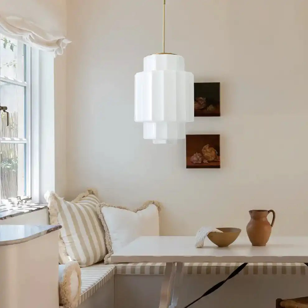 Suspension en verre opalin 16 po, finition laiton chaud, plafonnier réglable pour îlot de cuisine, entrée et chambre à coucher