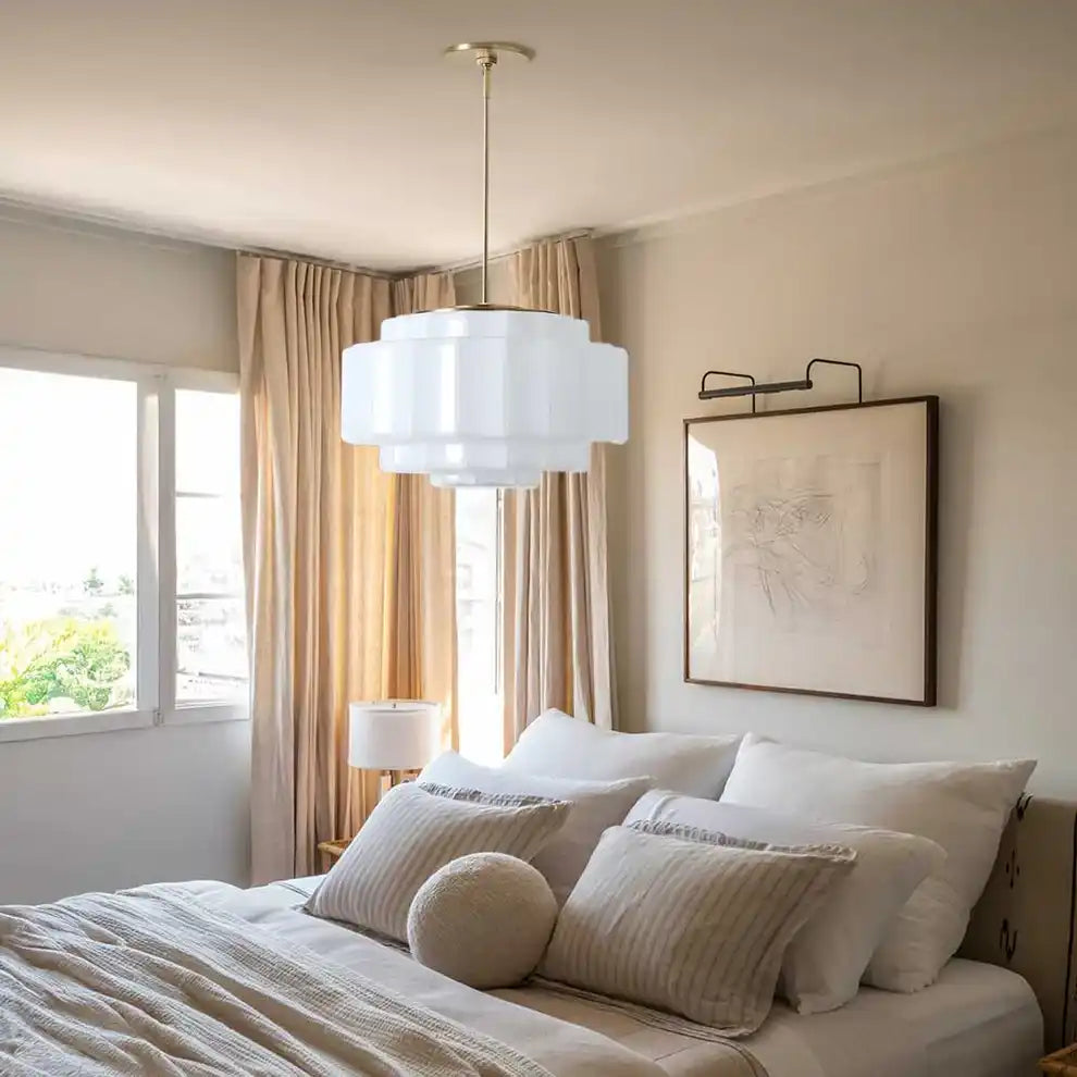 Suspension en verre opalin 16 po, finition laiton chaud, plafonnier réglable pour îlot de cuisine, entrée et chambre à coucher