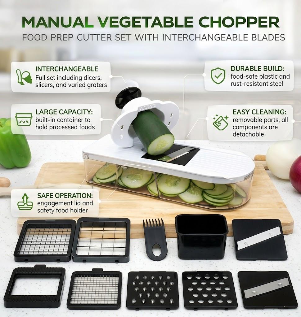 Kitchen Essential | Manual Vegetable Chopper with 7 Interchangeable Blades | Safe and Efficient Food Prep Tool