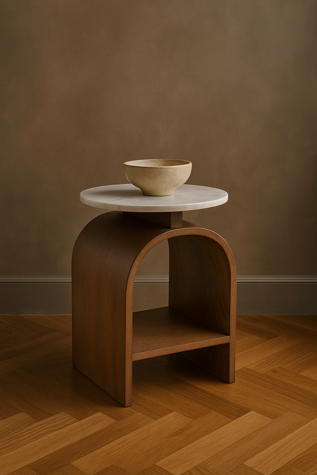 Marble Side Table with Walnut Base – Modern End Table for Living Room, Elegant Design with Integrated Shelf