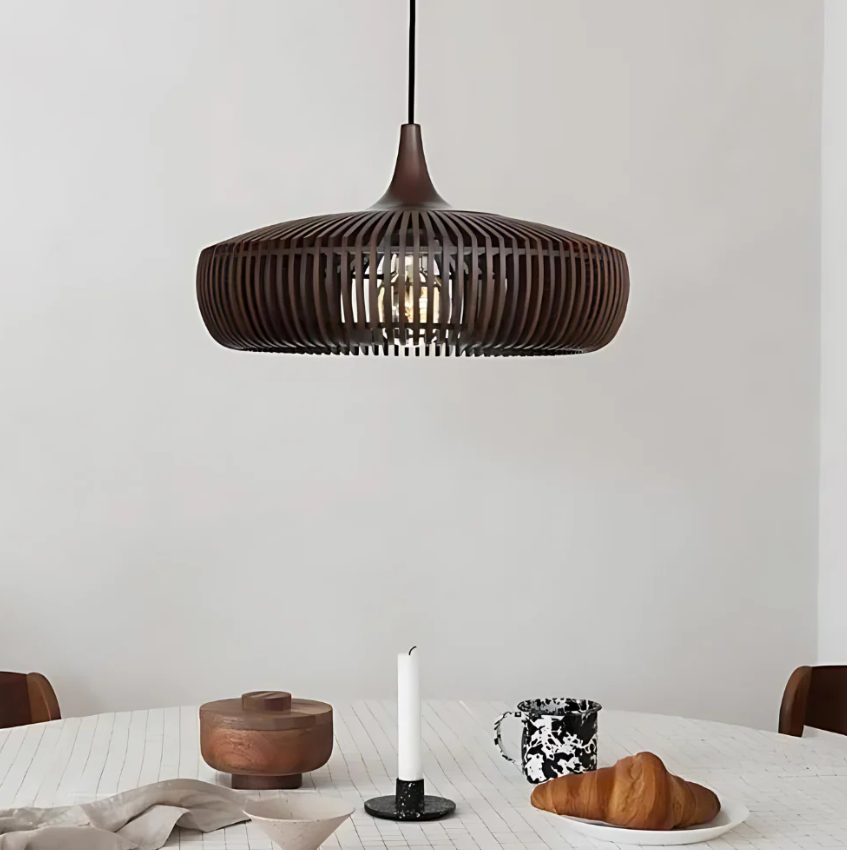 Wooden Ceiling Pendant Light 17 in Wide Scandinavian Minimalist Hanging Lamp for Dining Room Living Room Bedroom Natural Wood Cage Design E2