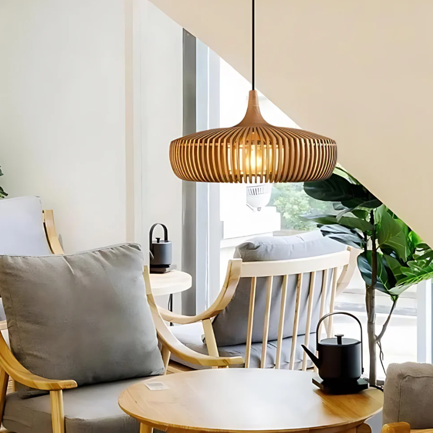 Wooden Ceiling Pendant Light 17 in Wide Scandinavian Minimalist Hanging Lamp for Dining Room Living Room Bedroom Natural Wood Cage Design E2