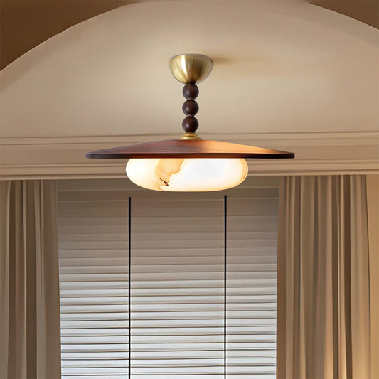 Plafonnier LED encastré en bois, 14 pouces, rond, avec diffuseur en albâtre, pour chambre, couloir, salon, luminaire moderne avec accent en laiton, lumière chaude