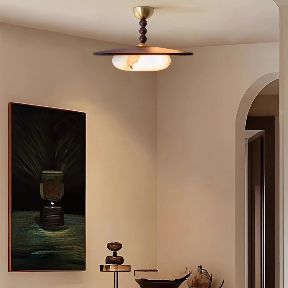 Wood Flush Mount LED Ceiling Light 14 Inch Round with Alabaster Diffuser for Bedroom Hallway Living Room Modern Brass Accent Fixture Warm Am