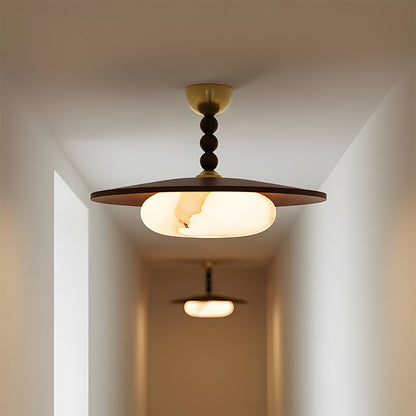 Wood Flush Mount LED Ceiling Light 14 Inch Round with Alabaster Diffuser for Bedroom Hallway Living Room Modern Brass Accent Fixture Warm Am