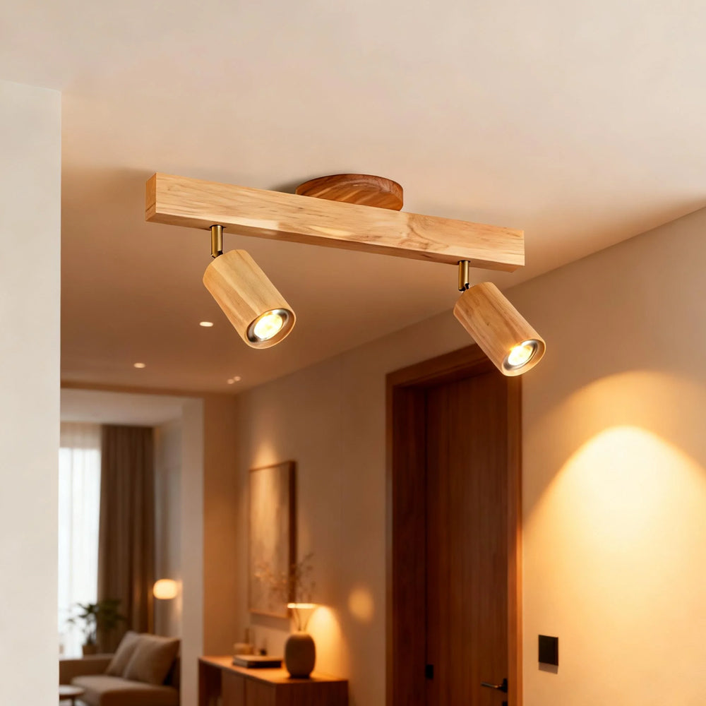 Wooden LED Track Lighting Fixture Natural Finish Adjustable Spots Ceiling Wall Mount Rail Light 7 to 47 Inch Modern Linear Spotlight Bar Din