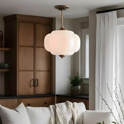 Ribbed Glass Globe Hanging Fixture with Warm Amber Tone & Antique Brass Hardware for Dining Room Kitchen Entry