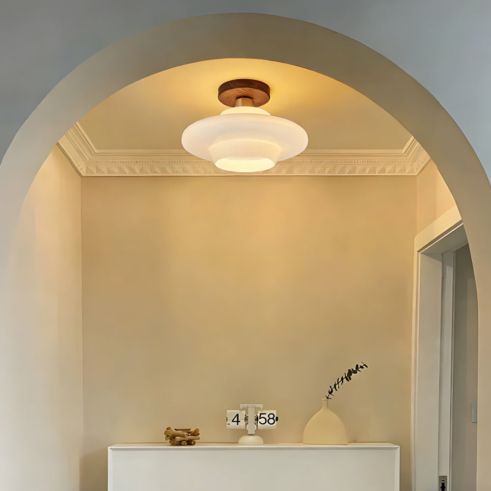 Flush Mount Light Fixture with Real Wood Frame and Clear Glass Dome for Hallway Kitchen Foyer Bedroom Overhead Lighting 12 Inch Round Semi-F