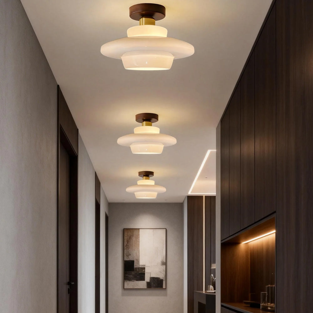 Flush Mount Wood & Glass Ceiling Light 13 in Copper Accent for Entryway Kitchen Hallway Small Rooms Modern Scandinavian LED Fixture