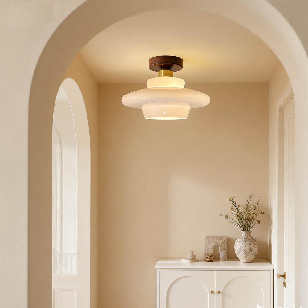 Flush Mount Wood & Glass Ceiling Light 13 in Copper Accent for Entryway Kitchen Hallway Small Rooms Modern Scandinavian LED Fixture