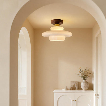 Flush Mount Wood & Glass Ceiling Light 13 in Copper Accent for Entryway Kitchen Hallway Small Rooms Modern Scandinavian LED Fixture