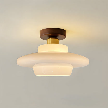 Flush Mount Light Fixture with Real Wood Frame and Clear Glass Dome for Hallway Kitchen Foyer Bedroom Overhead Lighting 12 Inch Round Semi-F