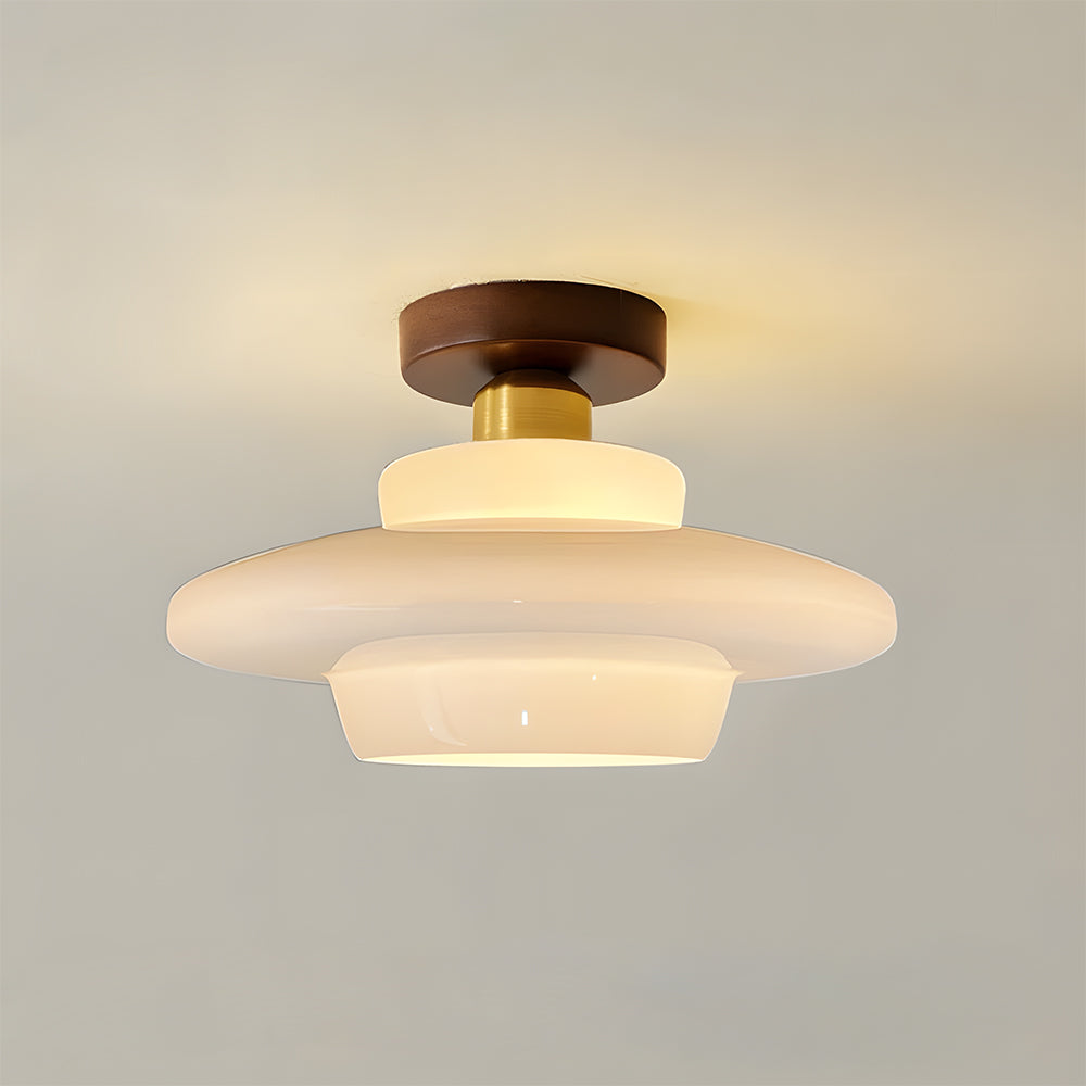 Flush Mount Glass Ceiling Light with Real Wood Trim for Entryway Kitchen Dining Room | Modern Farmhouse Entry Lighting Fixture 12 Inch Warm