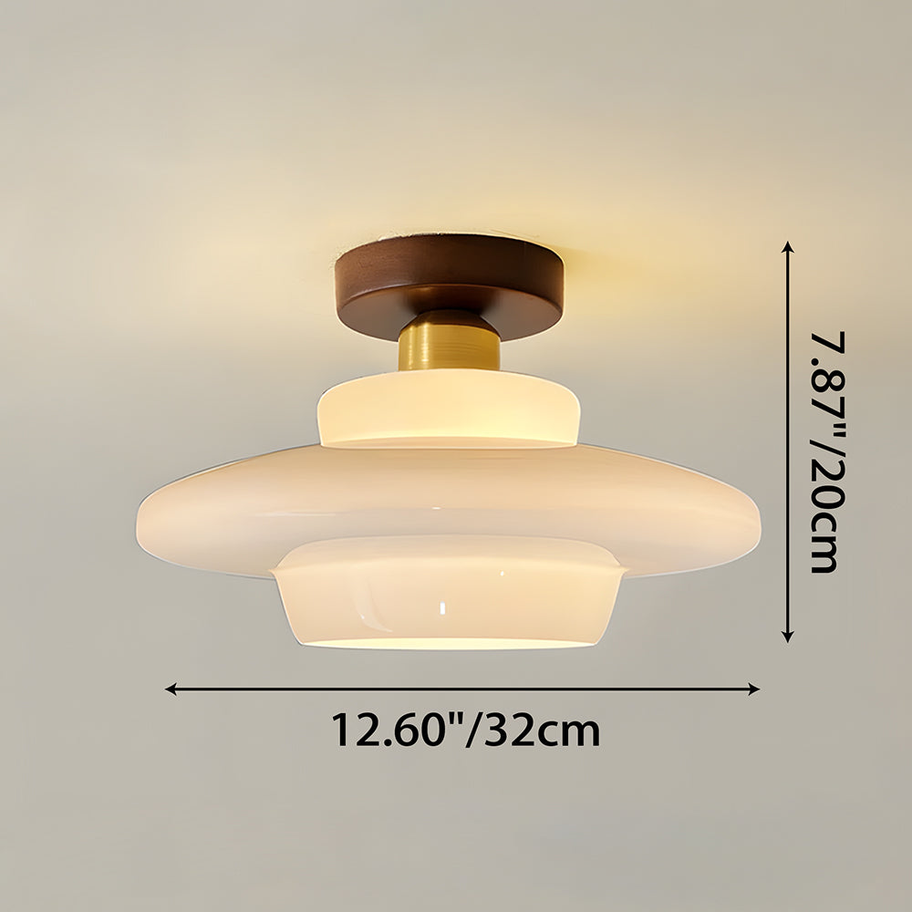 Flush Mount Light Fixture with Real Wood Frame and Clear Glass Dome for Hallway Kitchen Foyer Bedroom Overhead Lighting 12 Inch Round Semi-F