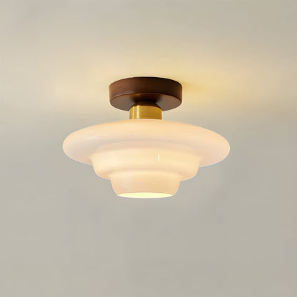 Flush Mount Light Fixture with Real Wood Frame and Clear Glass Dome for Hallway Kitchen Foyer Bedroom Overhead Lighting 12 Inch Round Semi-F