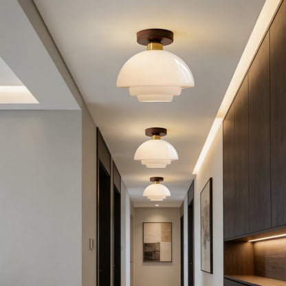 Flush Mount Wood & Glass Ceiling Light 13 in Copper Accent for Entryway Kitchen Hallway Small Rooms Modern Scandinavian LED Fixture