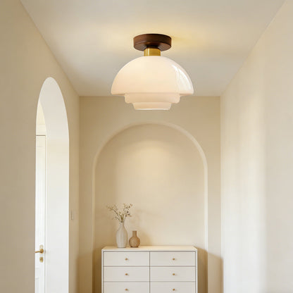 Flush Mount Wood & Glass Ceiling Light 13 in Copper Accent for Entryway Kitchen Hallway Small Rooms Modern Scandinavian LED Fixture