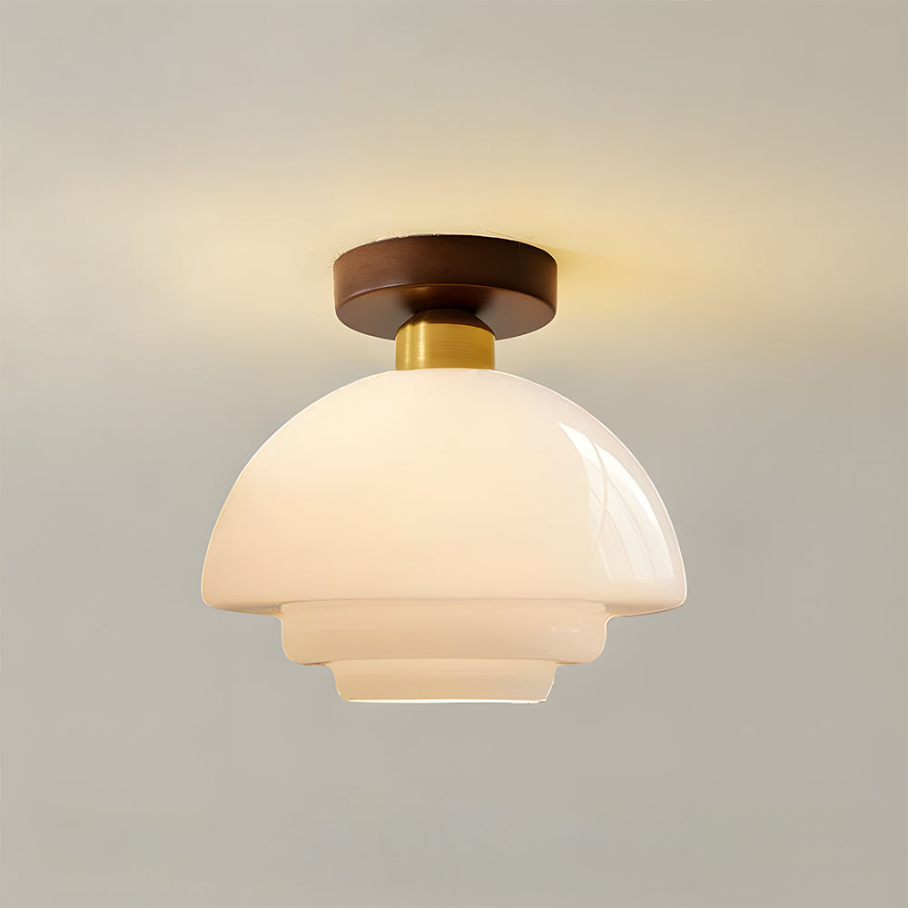 Flush Mount Glass Ceiling Light with Real Wood Trim for Entryway Kitchen Dining Room | Modern Farmhouse Entry Lighting Fixture 12 Inch Warm
