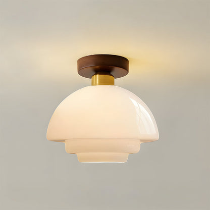 Flush Mount Wood & Glass Ceiling Light 13 in Copper Accent for Entryway Kitchen Hallway Small Rooms Modern Scandinavian LED Fixture