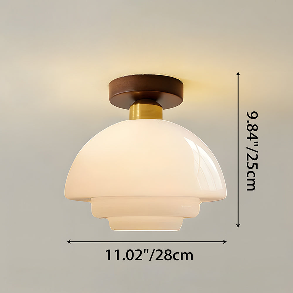 Flush Mount Light Fixture with Real Wood Frame and Clear Glass Dome for Hallway Kitchen Foyer Bedroom Overhead Lighting 12 Inch Round Semi-F