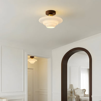 Flush Mount Glass Ceiling Light with Real Wood Trim for Entryway Kitchen Dining Room | Modern Farmhouse Entry Lighting Fixture 12 Inch Warm