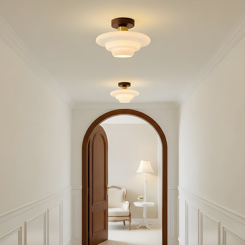 Flush Mount Glass Ceiling Light with Real Wood Trim for Entryway Kitchen Dining Room | Modern Farmhouse Entry Lighting Fixture 12 Inch Warm
