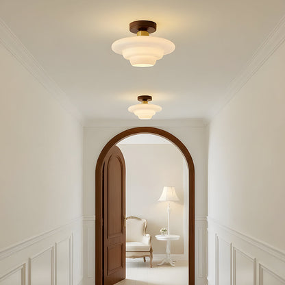 Flush Mount Wood & Glass Ceiling Light 13 in Copper Accent for Entryway Kitchen Hallway Small Rooms Modern Scandinavian LED Fixture