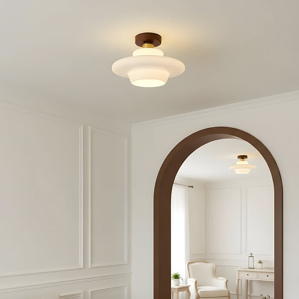 Flush Mount Glass Ceiling Light with Real Wood Trim for Entryway Kitchen Dining Room | Modern Farmhouse Entry Lighting Fixture 12 Inch Warm