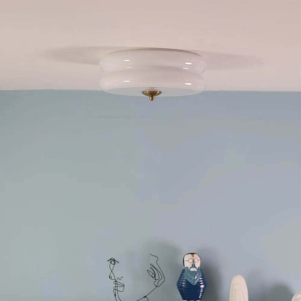 Handcrafted Glass Flush Mount Ceiling Light 16 in White Gold Finish for Dining Room Bedroom Kitchen Overhead Lighting Fixture Vintage Style