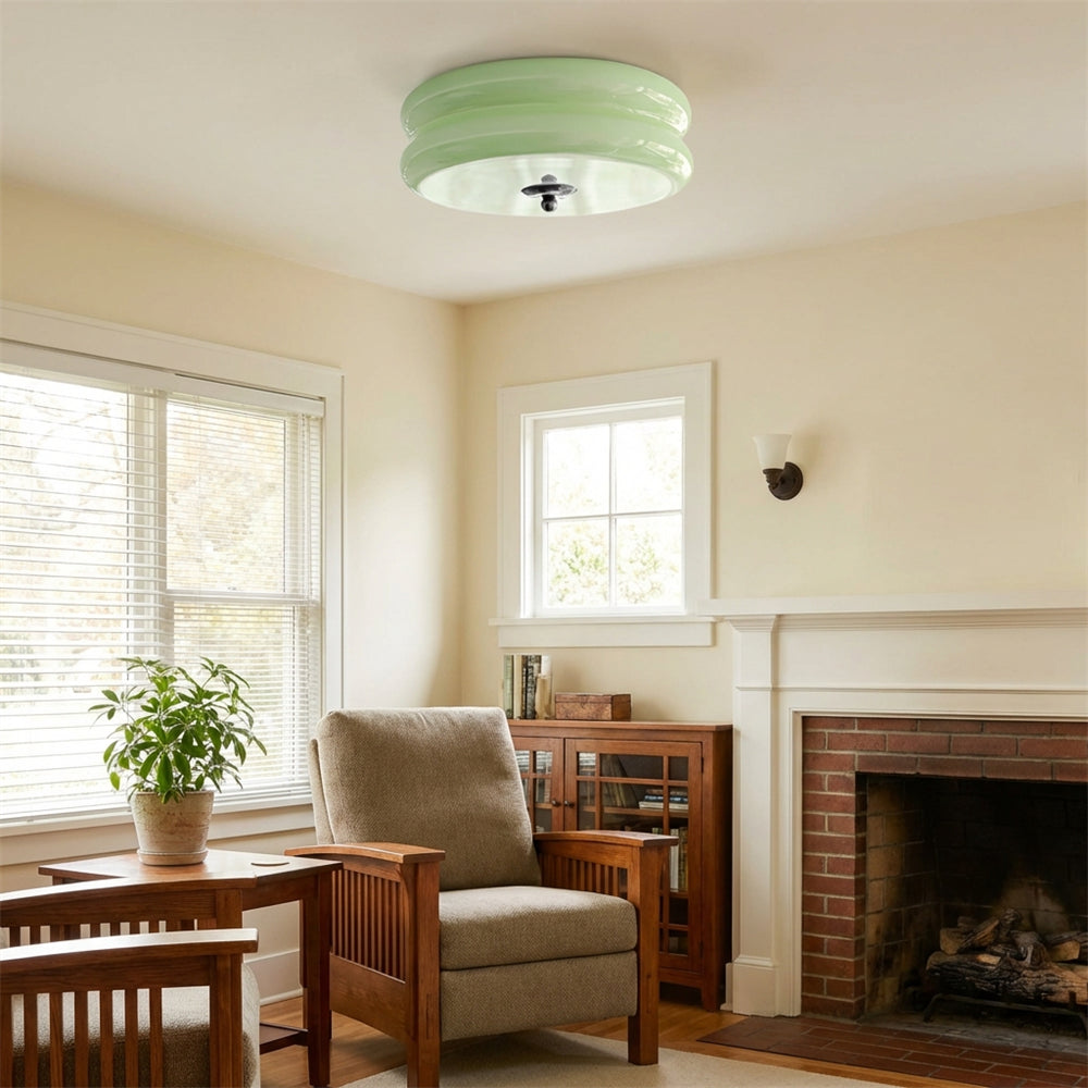 Handcrafted Glass Flush Mount Ceiling Light 16 in White Gold Finish for Dining Room Bedroom Kitchen Overhead Lighting Fixture Vintage Style