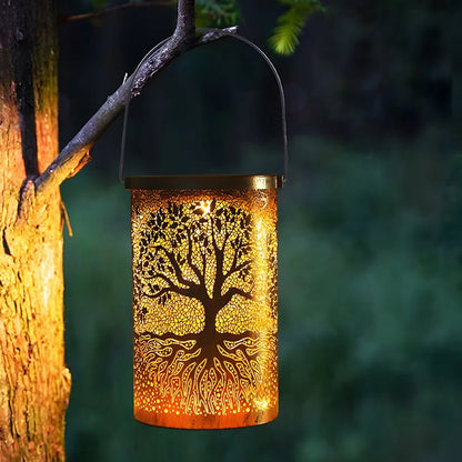 Decorative Metal Garden Lantern Solar LED Hanging Outdoor Light Waterproof Tree Pattern 4-8 Inches Round for Patio Pathway Pergola Tabletop